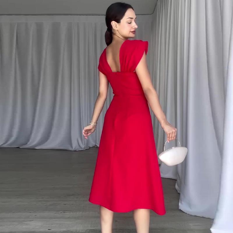 2024 Letní dámské francouzské retro šaty se čtvercovým výstřihem a korálky