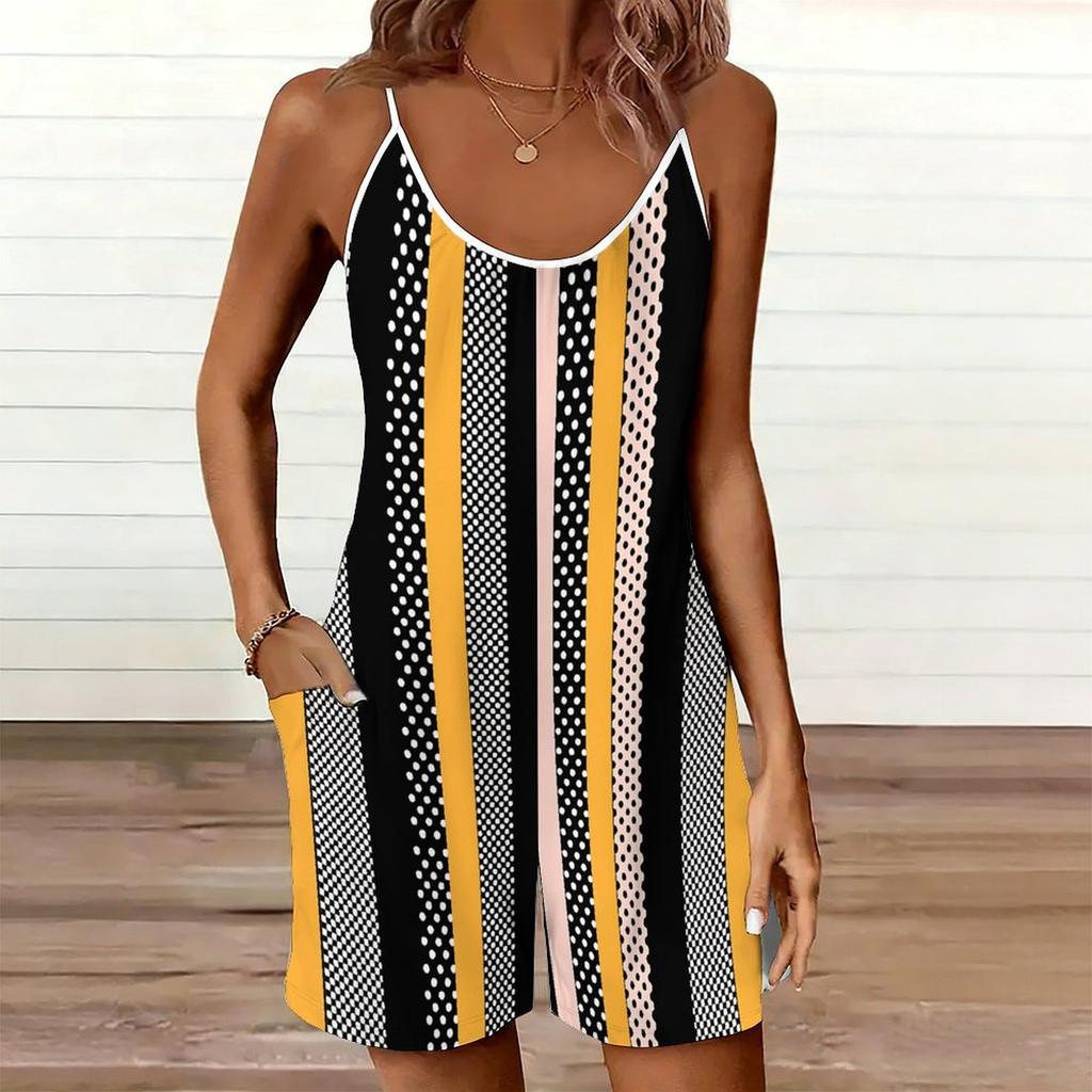 Damen ärmelloser Spaghettiträger Romper mit abstraktem Geometriedruck, Tasche, kurzer Jumpsuit