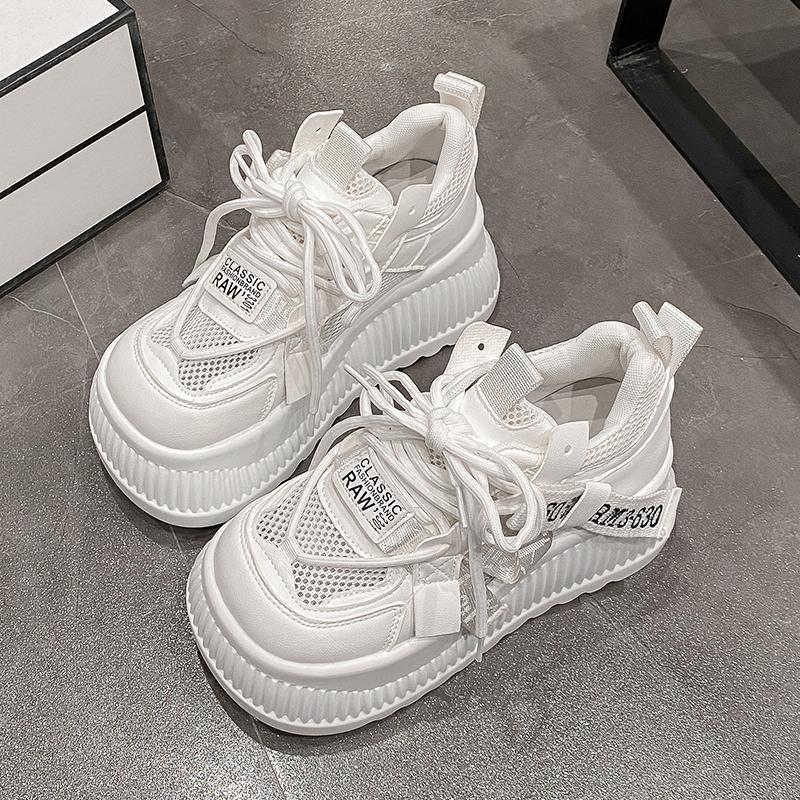 Fashion Breathable Air Mesh Lace Sneakers Leather Flats Lace-up Women Spring 8.5CM High Platform Sports Dad Shoes New Chunky Sneaker