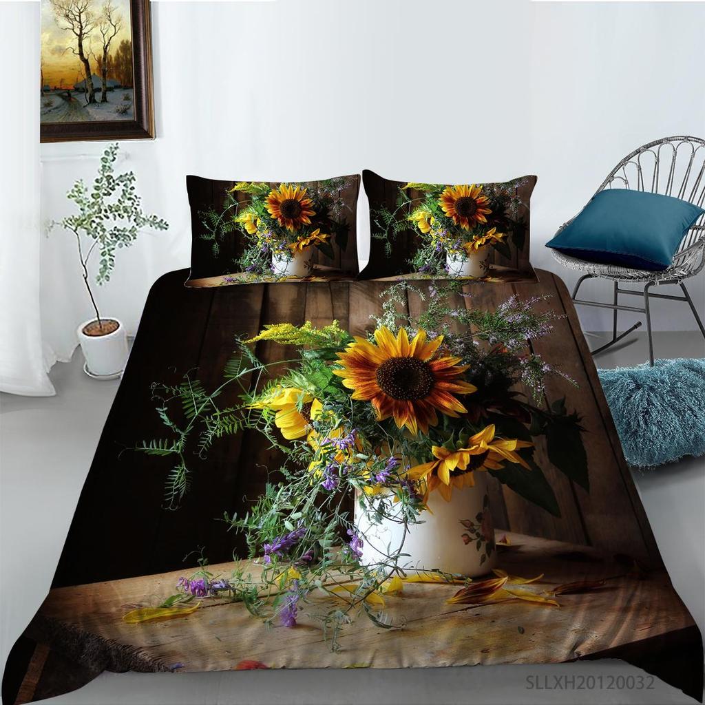 Sunflower Pattern Deluxe Household Bedding Set Full-size Quilt Cover and Pillowcase Plant Print Washable and Comfortable Bedroom Bedding