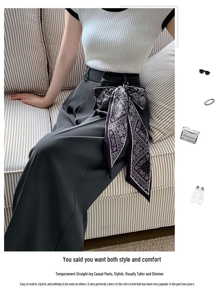 2025 Summer Women's Silk Scarf Print High-Waisted Wide-Leg Drape Pants - Fashionable Floor-Length Casual Trousers