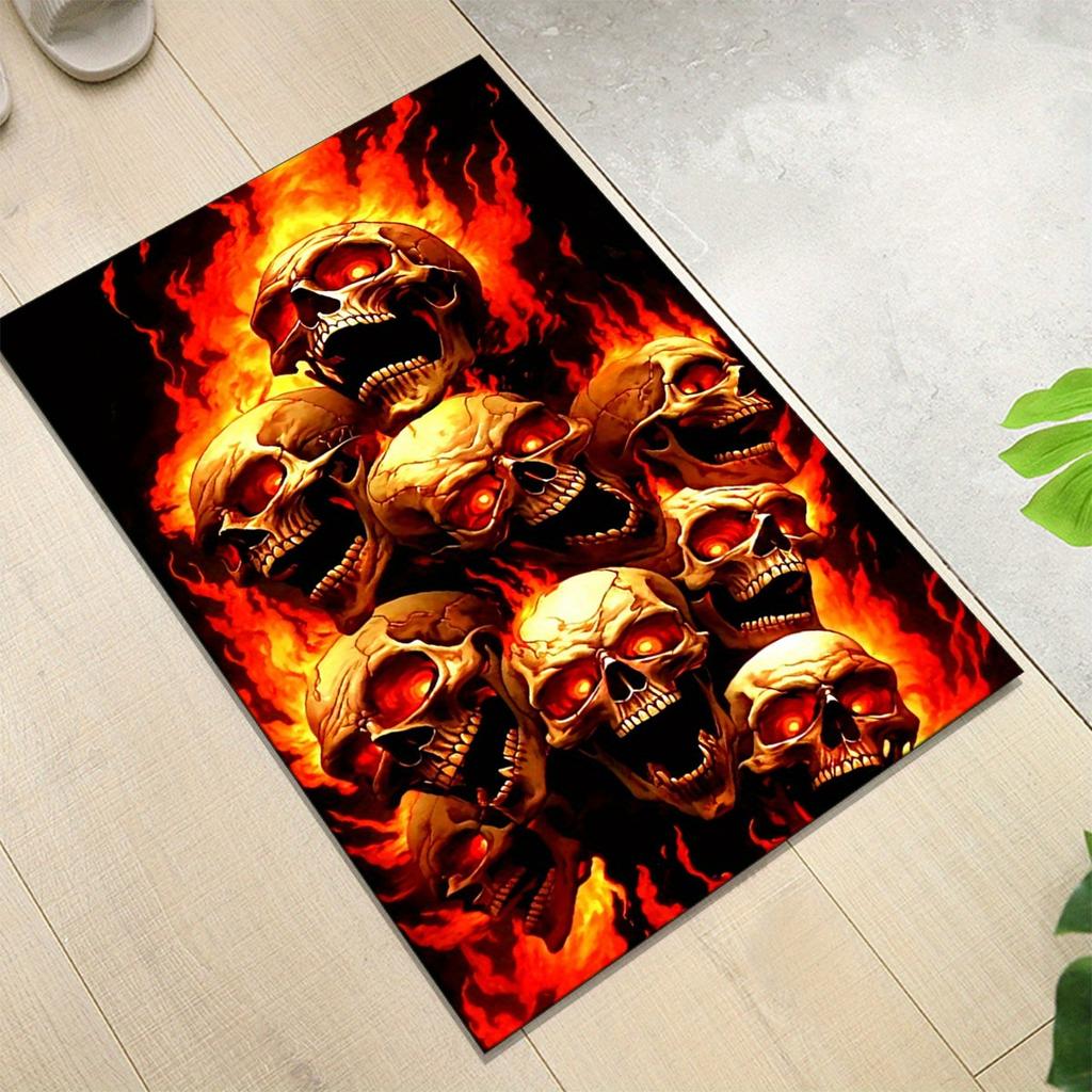 Flame Skull Polyester Rug, Non Slip Crystal Velvet, Durable Chair Mat, Edgy Kitchen Restaurant Decor, Gothic Home Accent