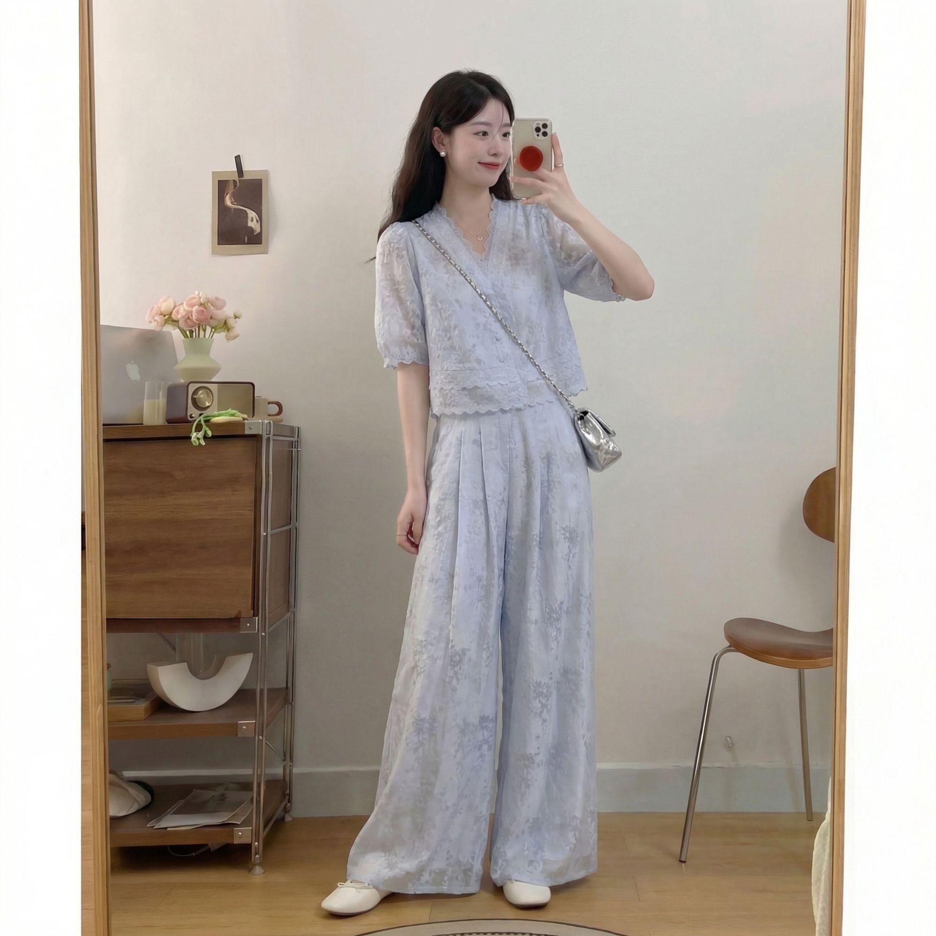 

2026 Spring/Summer Stylish Blue Shirt & High-Waisted Wide-Leg Pants Women s Luxury Set XL