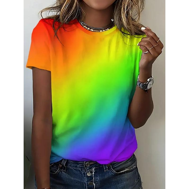 

Women s T Shirt Summer Tops Print Graphic Color Gradient Classic Casual Short Sleeve Daily Weekend Rainbow Summer S