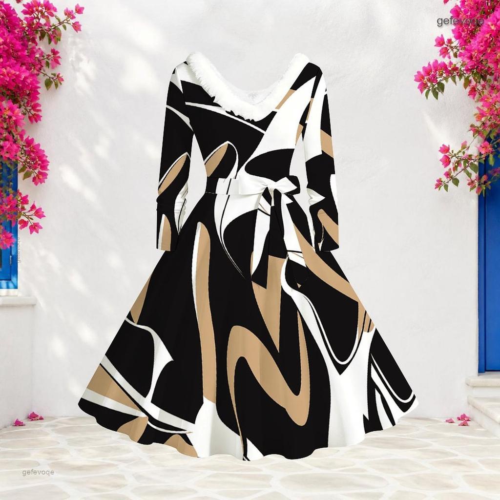 Women Plus Size V Neck Faux Fur Trim Long Sleeve Blue Green Abstract Print Belted Midi Dress