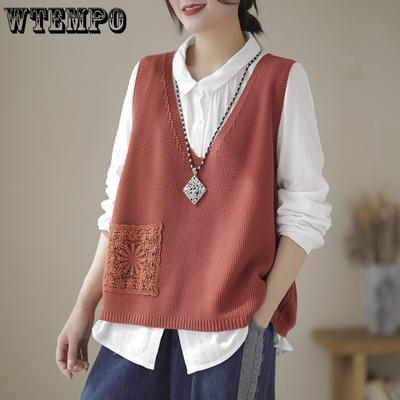 Gebreid vest voor dames Lente en herfst V-hals Gebreid vest met draad Los vest voor dames Koreaanse kant Haak- en bloemtrui Casual gelaagde camisole