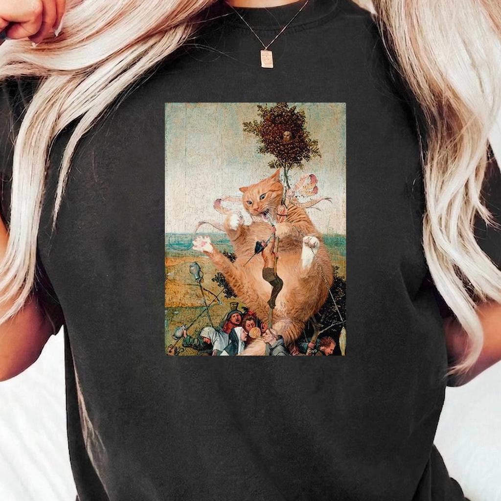 Maglietta Gatto Zenzero di Hieronymus Bosch, T-shirt Parodia Arte Rinascimentale, Strano Mashup Medievale