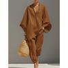 Women's V Neck Batwing Sleeve Pocket Loose Shirt And Elastic Cuff Jogger Pants Two Piece Linen Look Casual Set