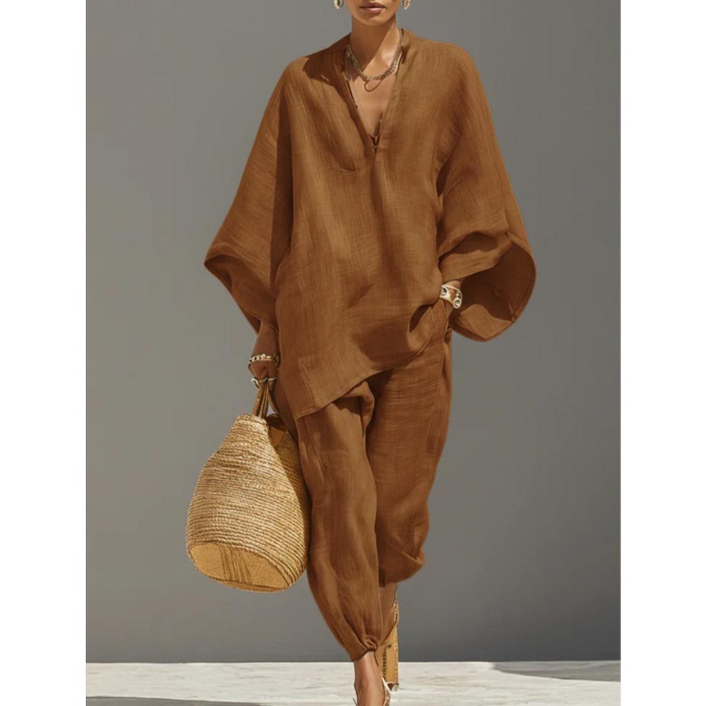 Women's V Neck Batwing Sleeve Pocket Loose Shirt And Elastic Cuff Jogger Pants Two Piece Linen Look Casual Set
