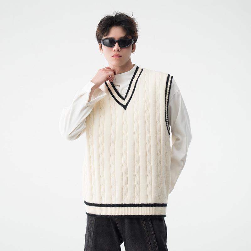 Unisex Retro Japanese Color Block V-neck Knit Vest, Basic Loose Sleeveless Sweater, Versatile Niche Style