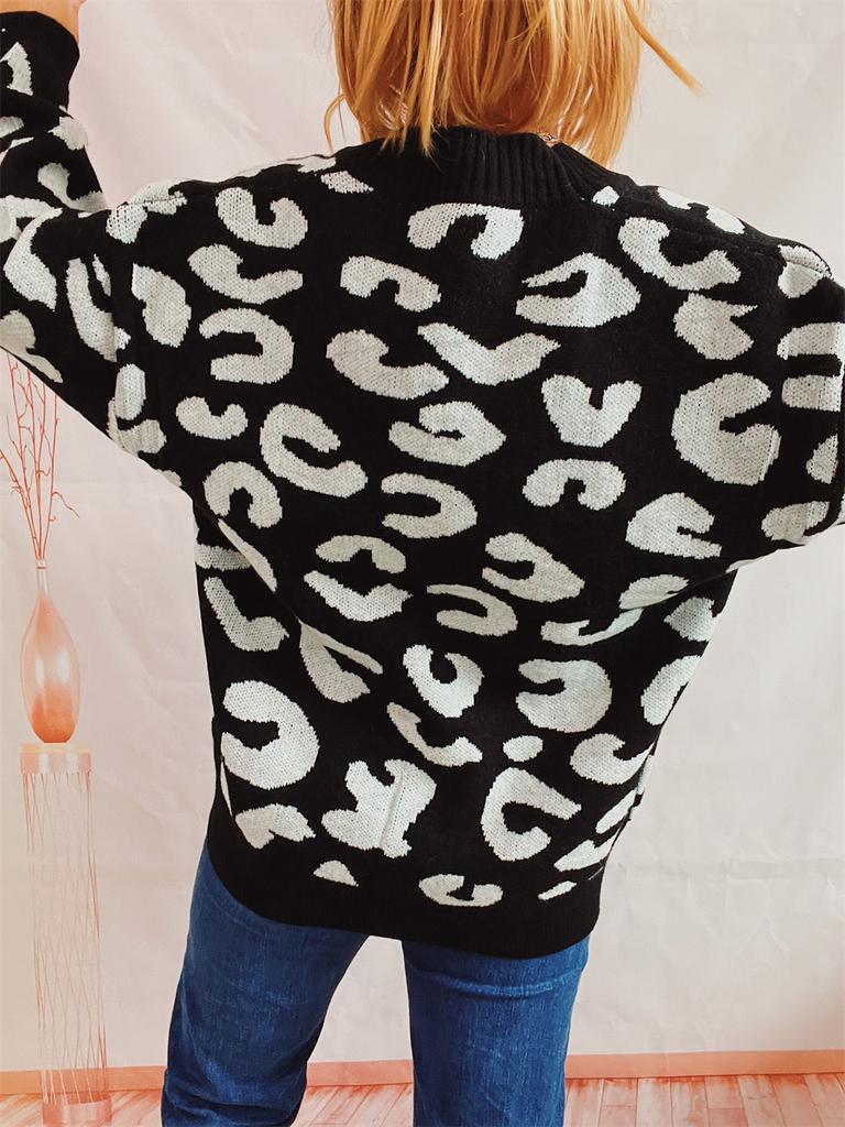 Autumn and Winter New Loose Casual Leopard Print Single Breasted Long Sleeved V-neck Knitted Sweater Jacket 3539 KTB