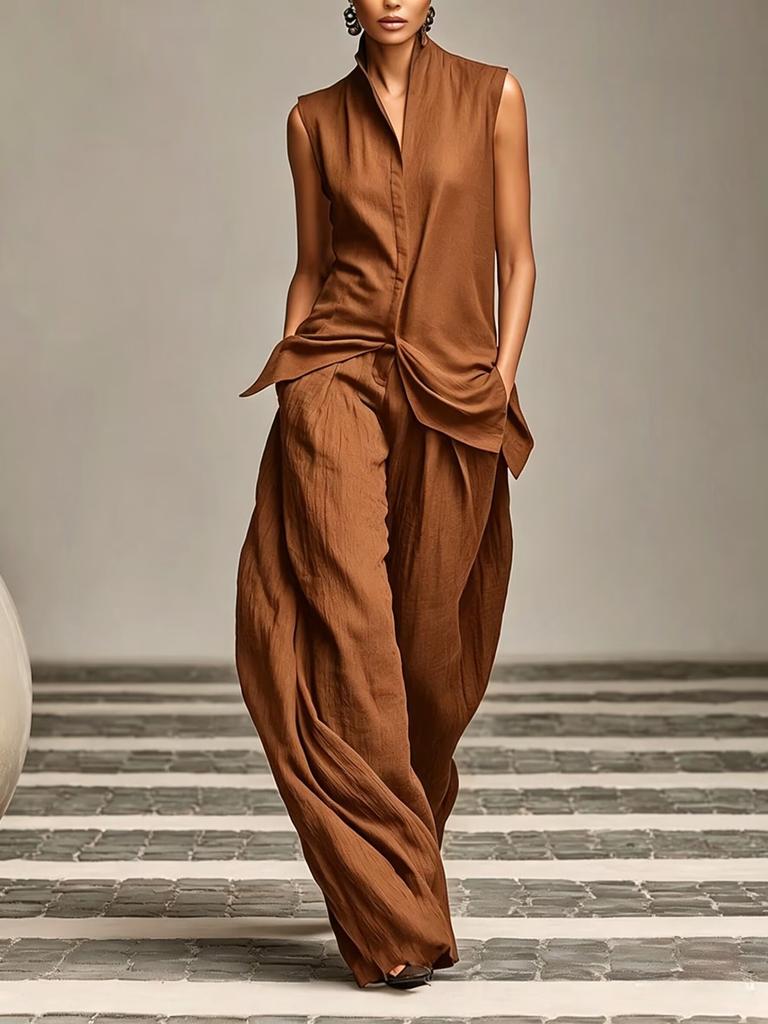 1116 European and American new solid color stand-up collar sleeveless casual top and loose trousers women's clothing