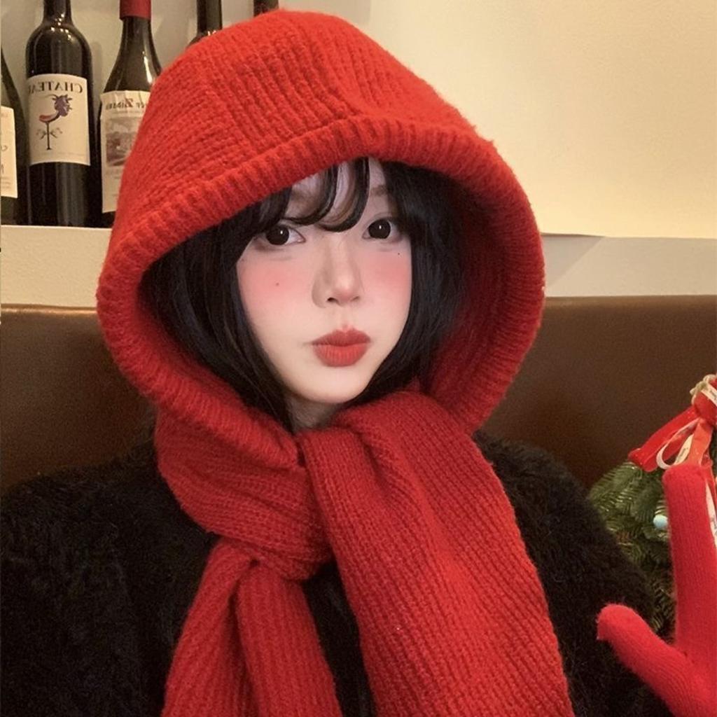 Red Hat Women's Autumn/Winter Warm Knitted Hat Scarf One Piece Hooded Neck Knitted Hat Winter