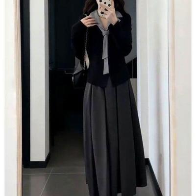 Women's Autumn Slim Fit Knitwear Set with Embroidered Suit Collar Top & High Waist Pleated Skirt