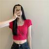 1111 Square Collar Rainbow Buckle Short-sleeved Knitted Sweater Women's Thin Summer Design Sense Casual Slim Street Shot Short Top