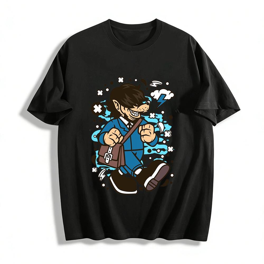 

Cool Commuting Style Anthropomorphic Wolf Print Loose T-shirt Pure cotton T-shirt XXS