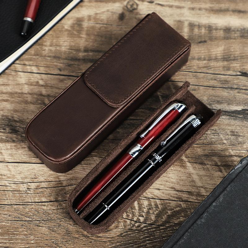 Crazy Horse Leather Pencil Case 2 Packs Handmade Drawer Type Detachable Student Office Pen Storage Case