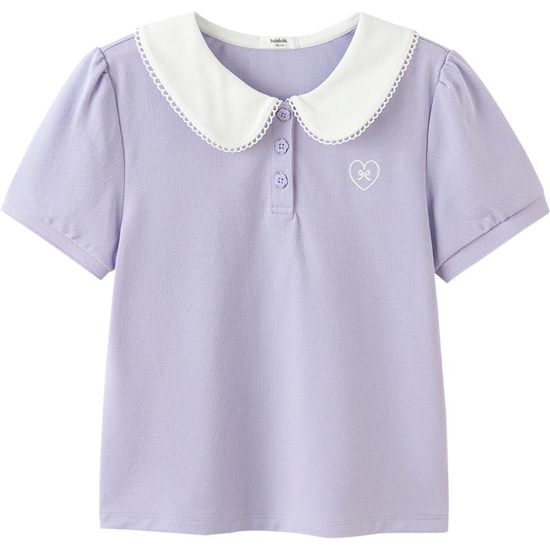 Balabala Girls' 2026 Summer Doll Collar Short Sleeve T-Shirt