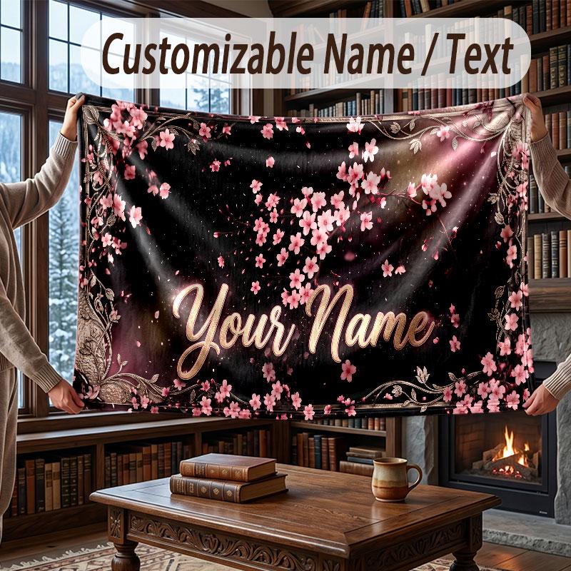 Floral Garden Theme Throw Blanket Custom Name Text Personalized Blanket Soft Cozy Blanket for Home Sofa Bed
