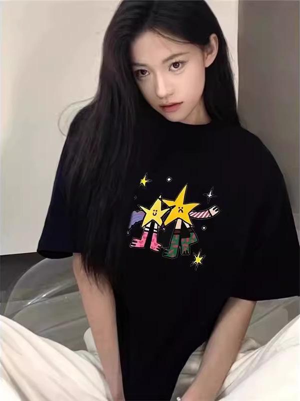 2025 Women's Loose-Fit Black Short Sleeve T-shirt – Pure Cotton, Trendy American Niche Design