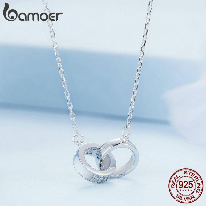 

BAMOER, стерлинговое серебро 925 пробы, изысканный блестящий циркон, двойное кольцо, кулон, ожерелье для женщин, подарок на день рождения, модные украшения 925 silver