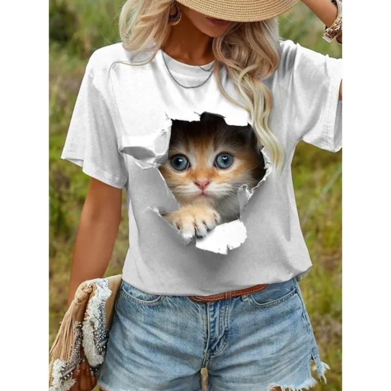 Cat  Printed Summer 3d T-shirt Women's Outdoor Clothing Casual Fashion Short Sleeved T-shirt Round Neck T-shirt Top