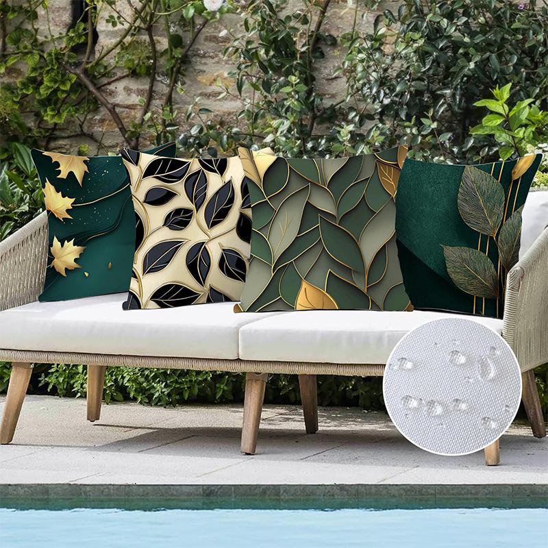 Green Leaf Patterned Cushions With Gold Accents Square Polyester Pillowcase, Modern Sofa Decorative Cushion Cover