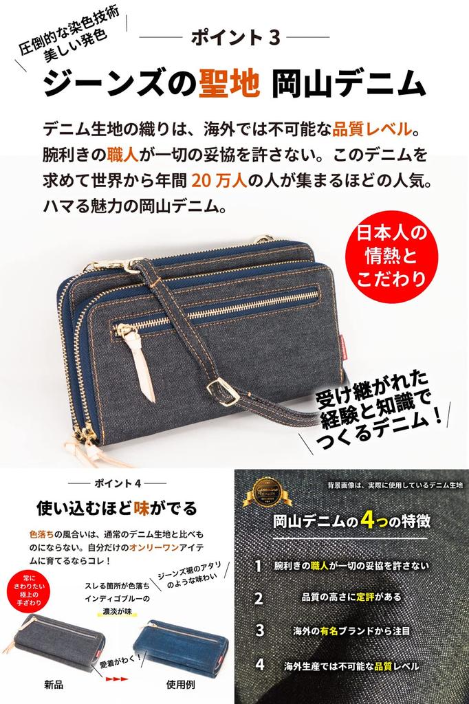 Wallet Bag Okayama Denim Wallet Pochette Smartphone Pouch Wallet Shoulder Bag Indigo Blue [Need Network] Women's