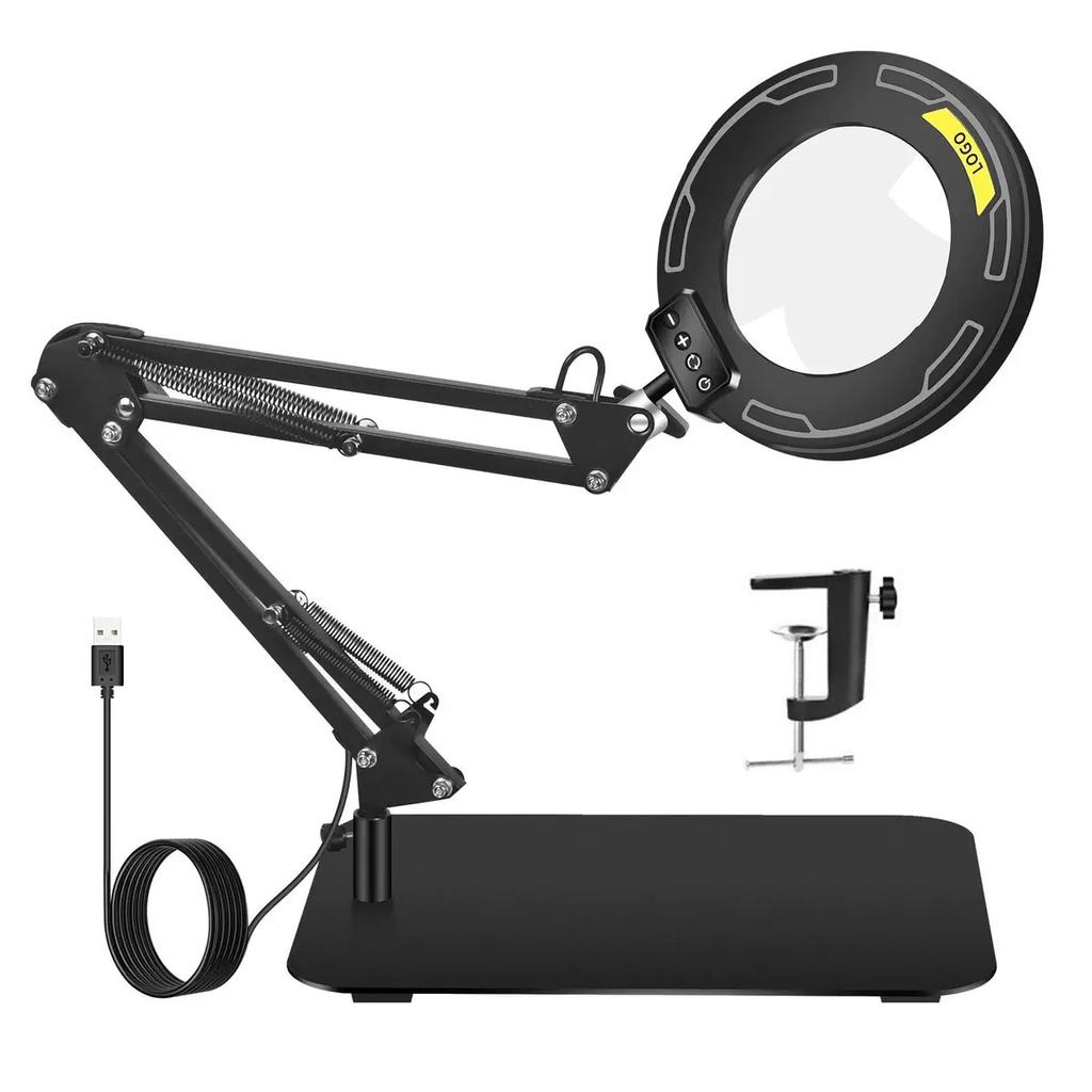 Flexible Gooseneck Lighted Magnifier With Stand 5 Color Modes Dimmable USB Reading Eye Protection Study Lamp