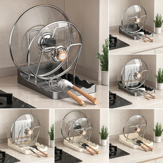 Countertop Pot Lid Holder Pan Lid Storage Rack with Drain Tray Pot Lid Stand with Spoon Rest While Cooking Kitchen
