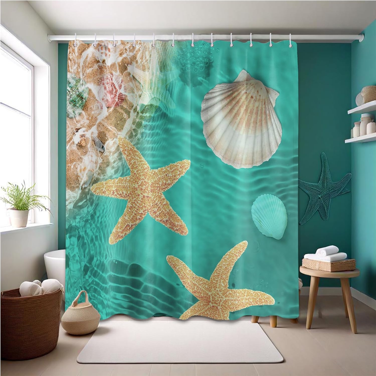 

Beach Shower Curtain Ocean Beachy Sea Shell Coastal Teal Bathroom Decor, Waterproof Cloth Fabric With Hooks 70 W X 72 L W60H190(CM)-1 Pcs