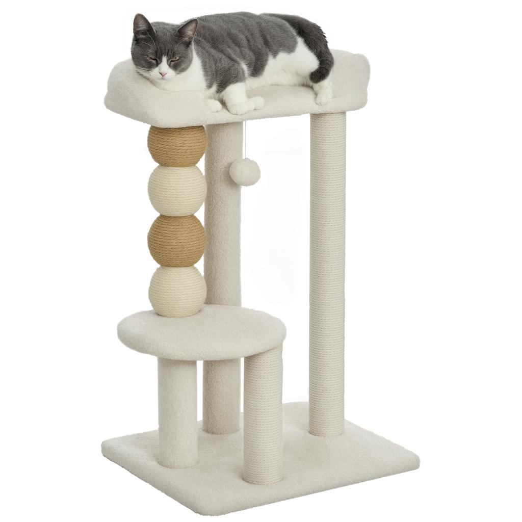 Cat Tower with Bed, Platform and Toy Ball, Made of Wood, Plush and Jute, 48.5x40x76 cm, Beige