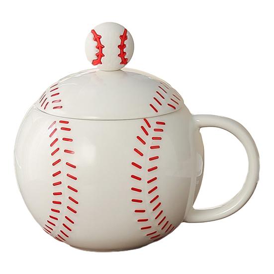 Baseball Shape Coffee Mug with Lid C-Shaped Handle Ceramic Mug 420ml Water Drinking красный