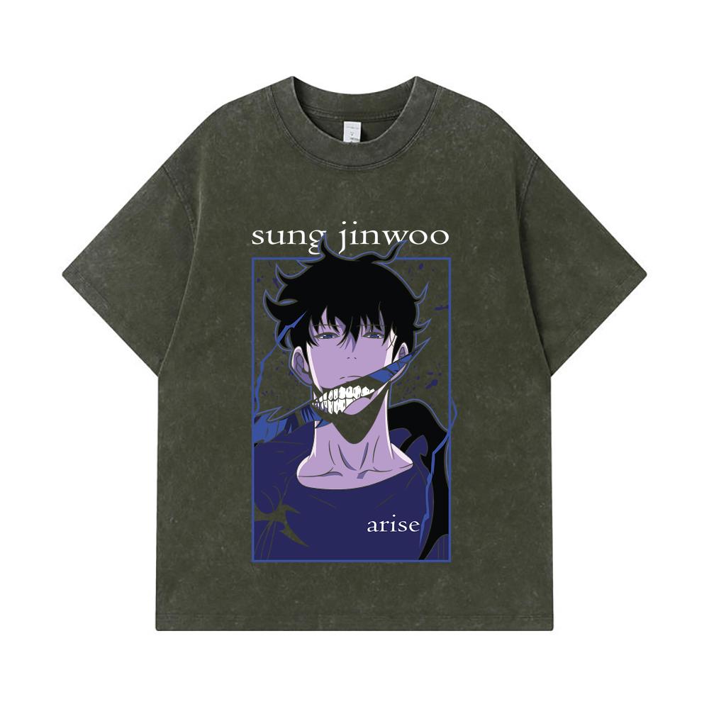 275 GSM Washed T-shirts 100% Cotton Solo Leveling V17 Print Unisex Heavy Cotton T Shirt S