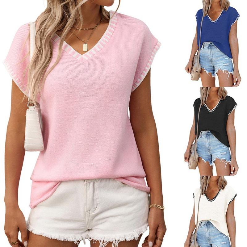 Summer New Women's Pullovers V-neck Short-sleeved Striped Knitted Sweater