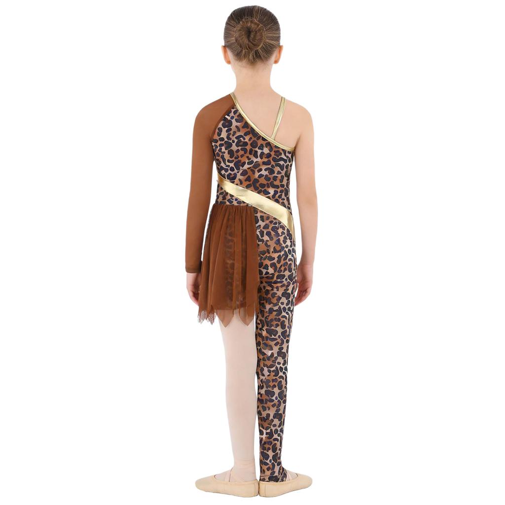 Mädchen Höhlen Kostüm Gymnastik Tanz Outfit Patchwork Asymmetrisches Design Leopardenmuster Body Overall
