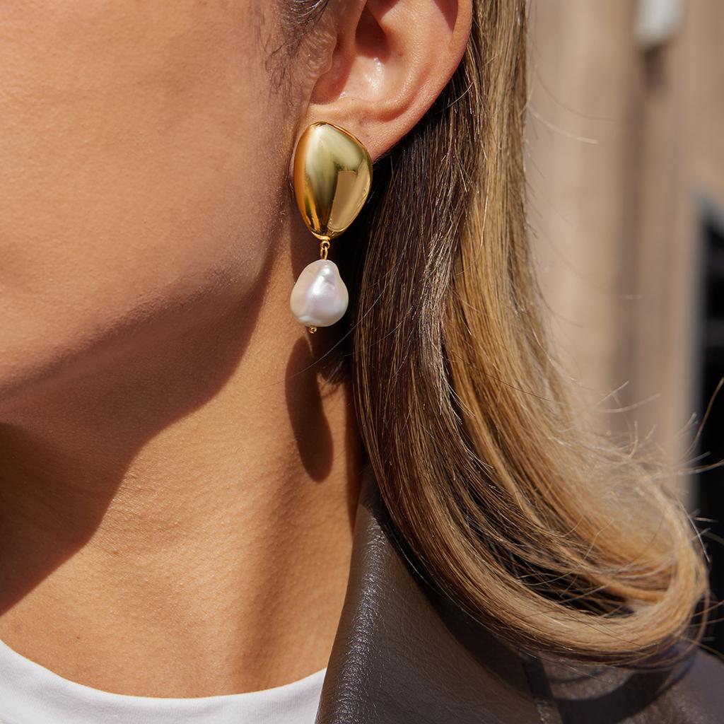 Yori Ocean Style Imitation Pearl Pendant Smooth Geometric Earrings Gold Color Summer Stainless Steel Studs Jewelry