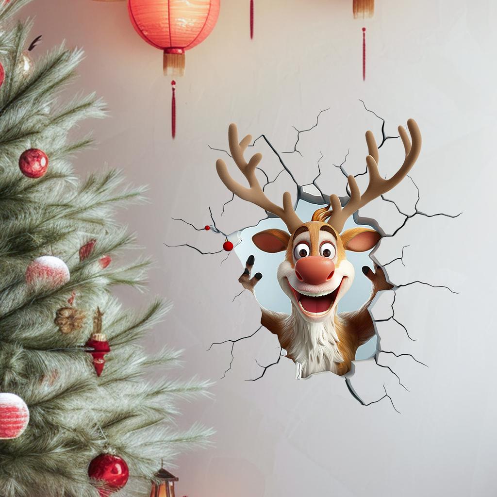 Christmas Wall Stickers, Santa & Reindeer Cracked Wall Decals, Festive Removable Decor for Home,Door, Living Room & Bedroom Gift
