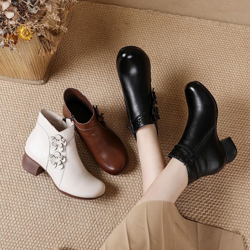 GKTINOO 2025 Neue Herbst Winter Stiefel mit dickem Absatz Damen Warme Stiefel Schuhe Handgefertigt Echtes Leder Reißverschluss Retro Stiefel