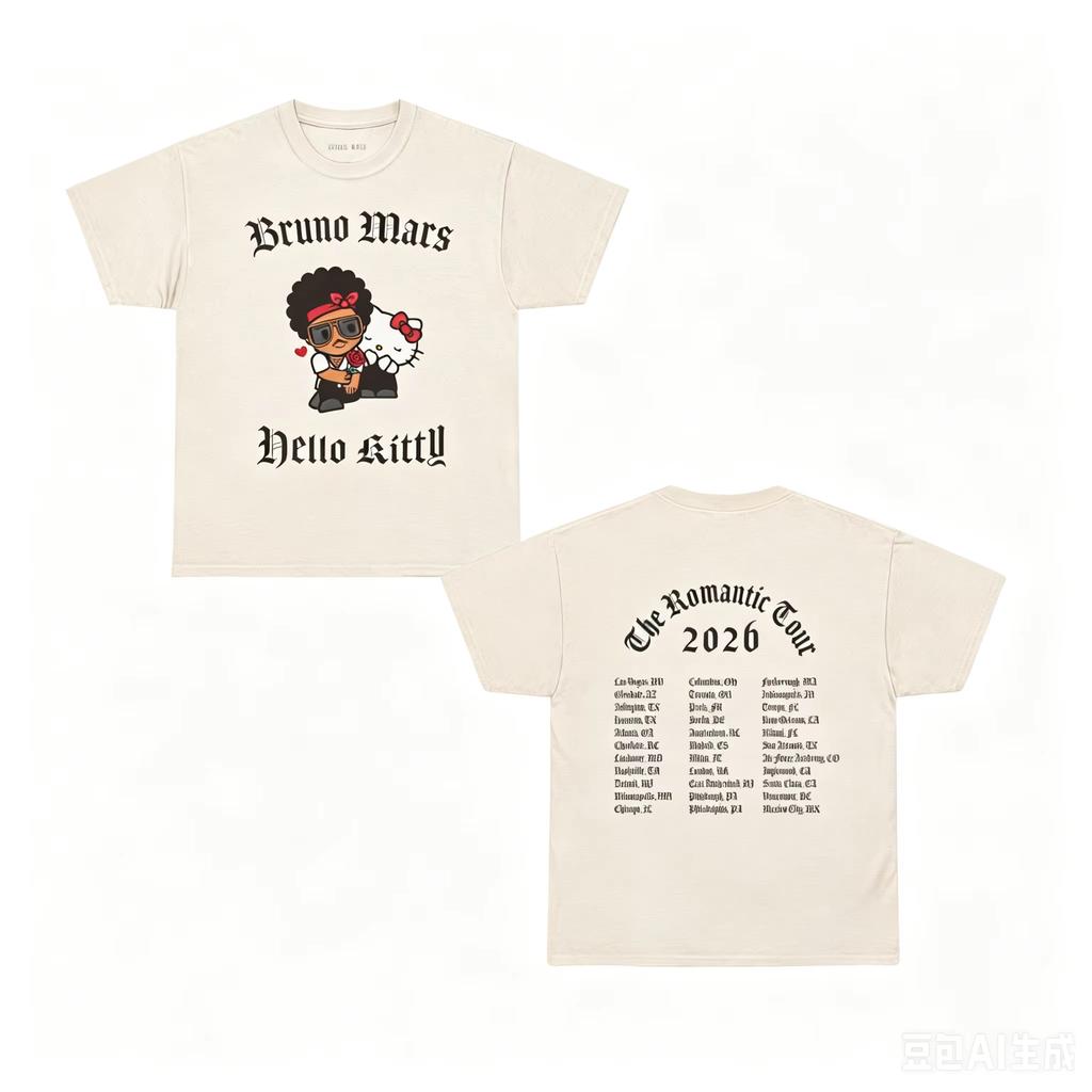Summer Hot Sale Bruno Mars X Hello Kitty The Romantic Tour Merch Print 2026 T-shirt Y2K Men Women Hip-hop T-shirt Cotton Gothic Round T-shirt