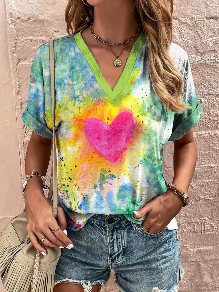2025 New Summer Women's V-Neck T-Shirt Outdoor Casual Short Sleeve Tops Fashion Love Style Pattern OverSize Women's Clothing