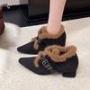 Fleece Warm Pointed Toe Fluffy Booties for Women Winter Heightening Little Man Mary Jane High Heel Cotton Shoes