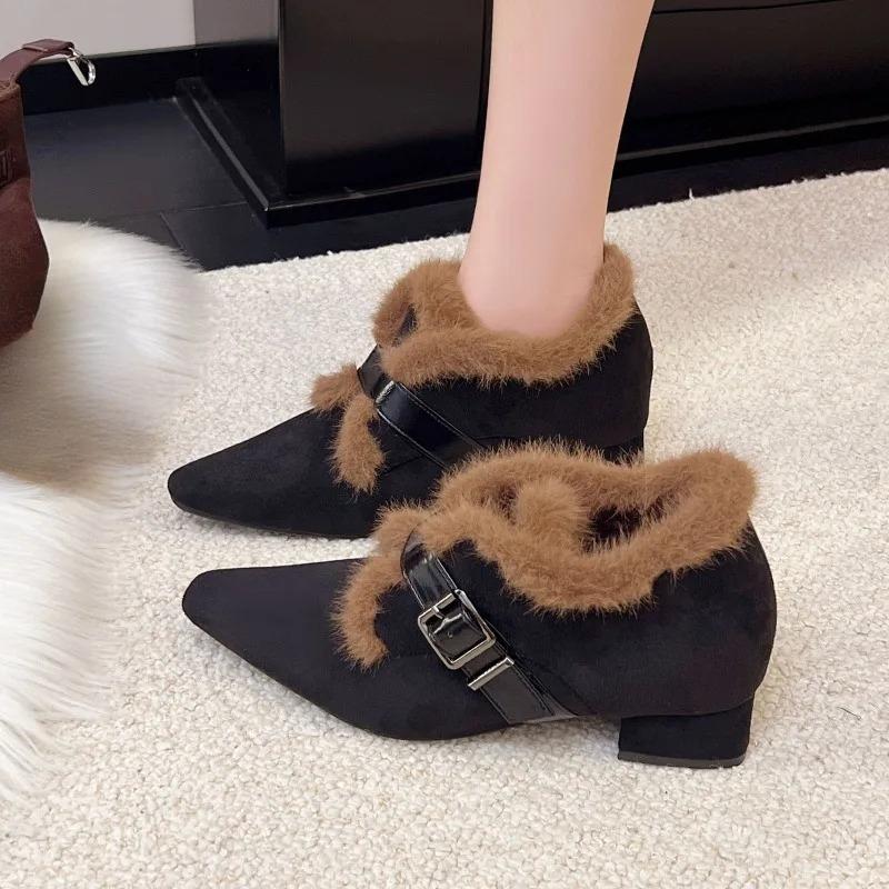 Fleece Warm Pointed Toe Fluffy Booties for Women Winter Heightening Little Man Mary Jane High Heel Cotton Shoes