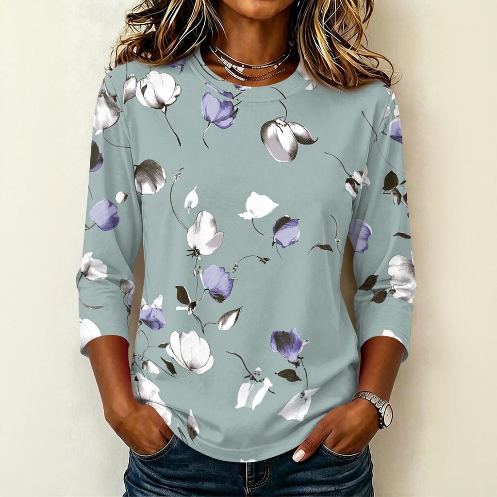 Camiseta Informal para Mujer con Cuello Redondo, Manga Tres Cuartos, Estampado Floral, para Uso Diario, Tejido Ligero y Suave, Diseño de Corte Holgado