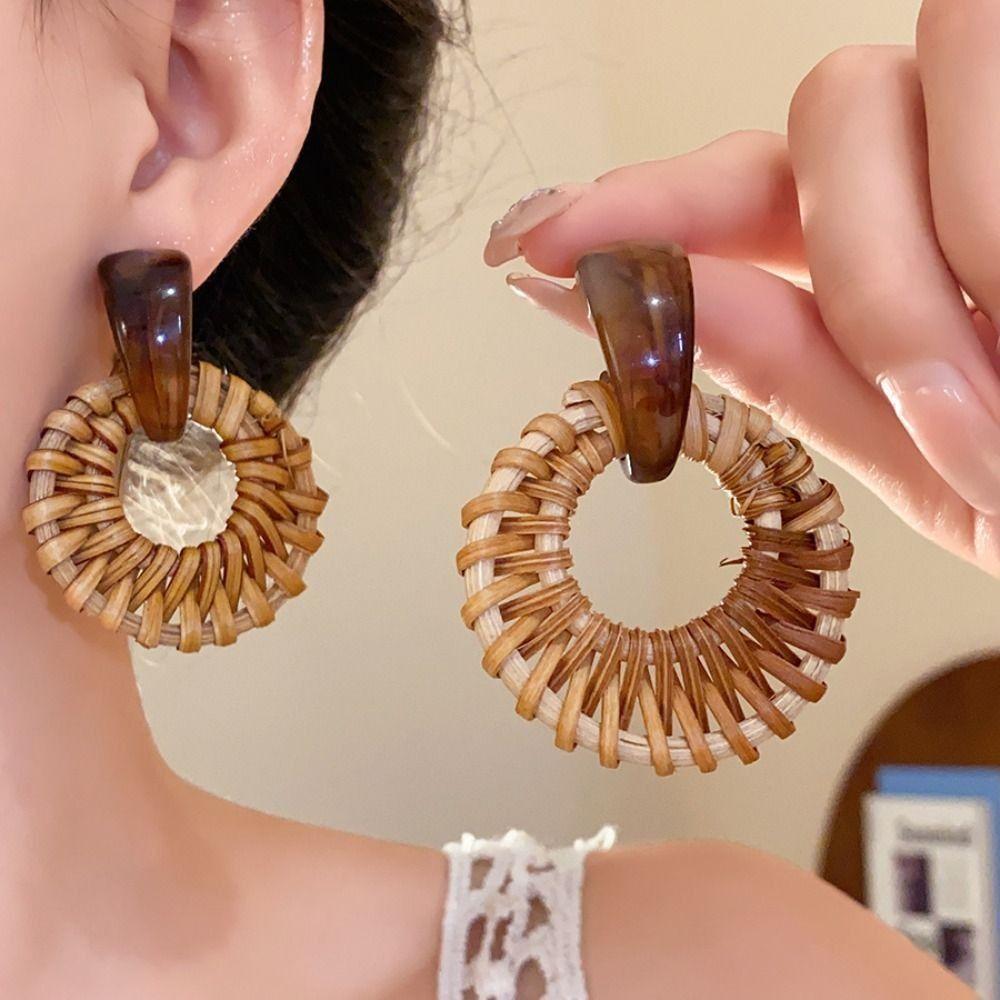 Round Rattan Weave Earrings Wood Circular Bohemian Drop Earrings Jewelry Accessories Vacation Style Geometric Earrings Women