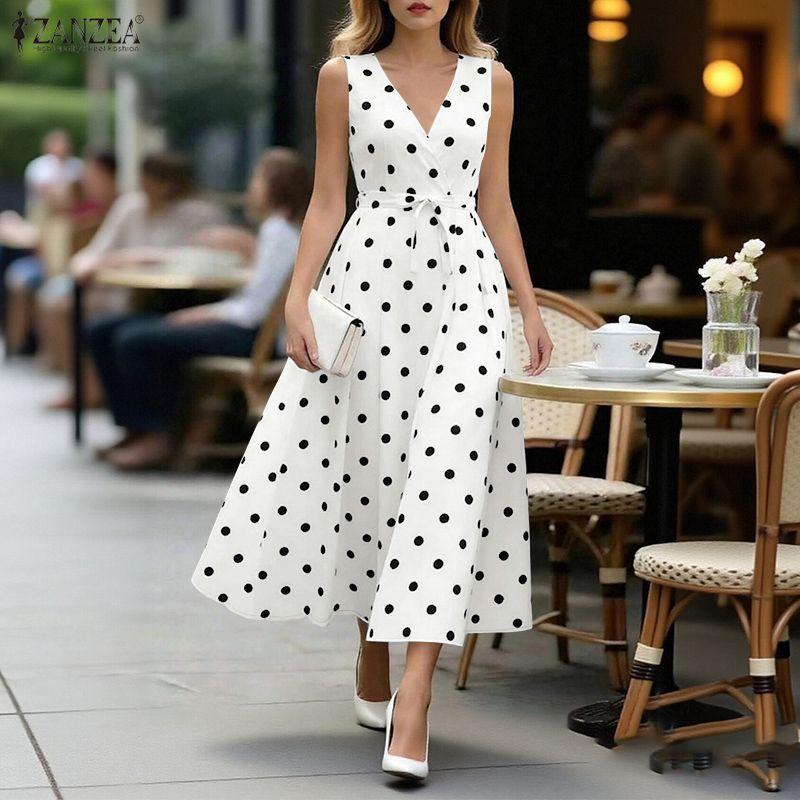 ZANZEA Damen Elegantes V-Ausschnitt Lässiges Ärmelloses Polka-Dot-Print-Kleid