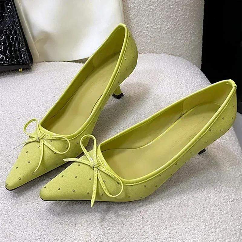 Fashion Fashion Rhinestone Bow Decoration Women Pumps Sexy Pointed Toe Satin Thin High Heels Elegant Banquet Shoes Women Mules Loafers
