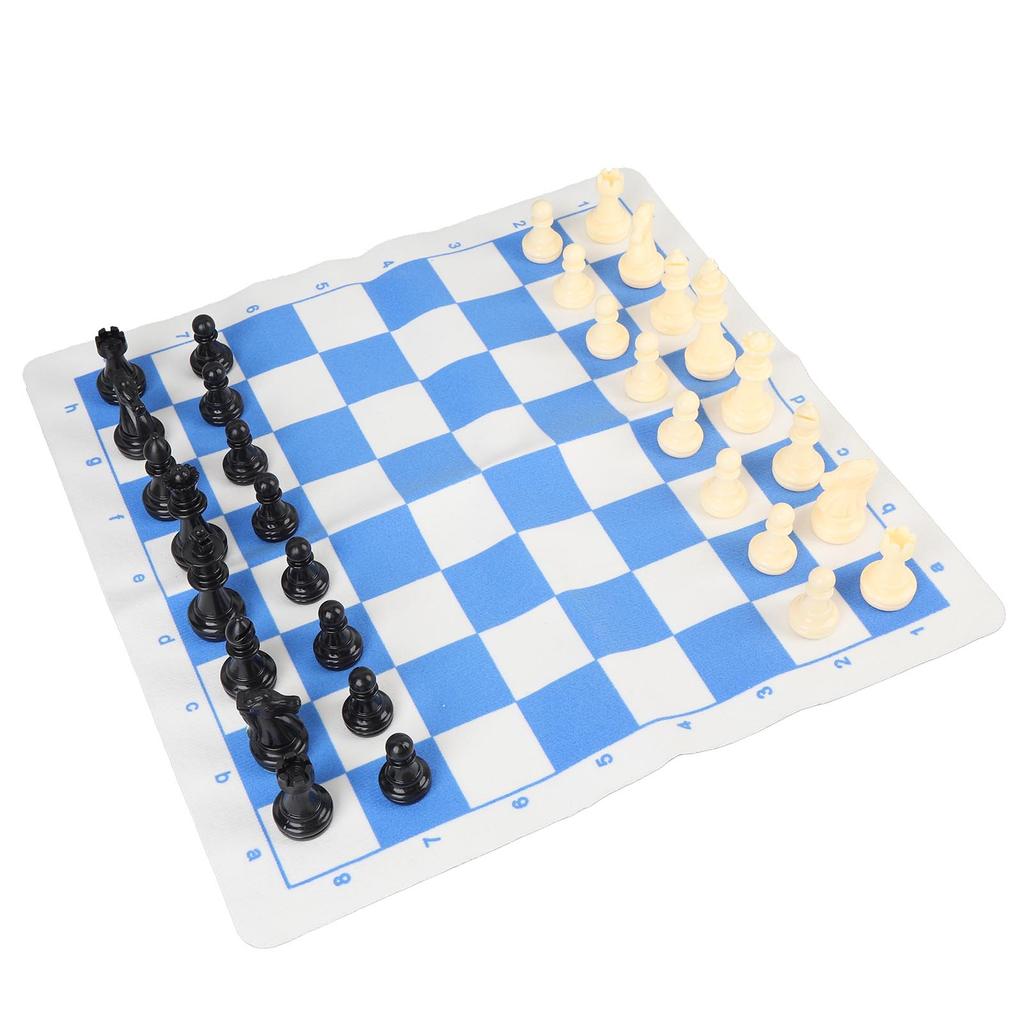 Chess Game Set Plastic 32 Chess Pieces Chessmen with 13.8 Inch PU Leather Blue White Chessboard for Home Travel