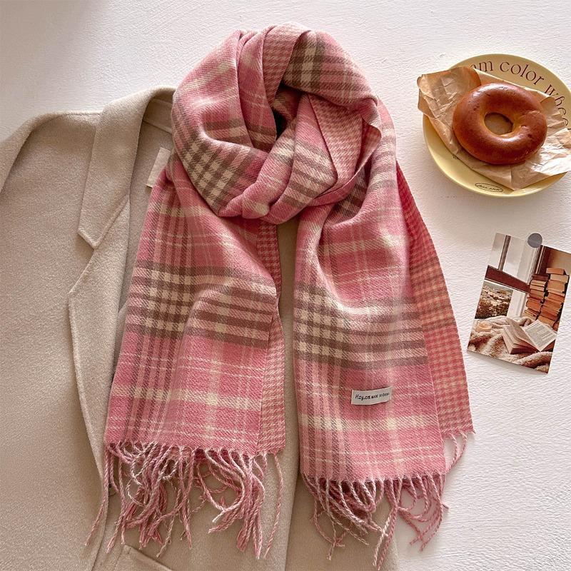 New retro plaid scarf women's autumn and winter medium and long warm scarf fashionable versatile fringed shawl