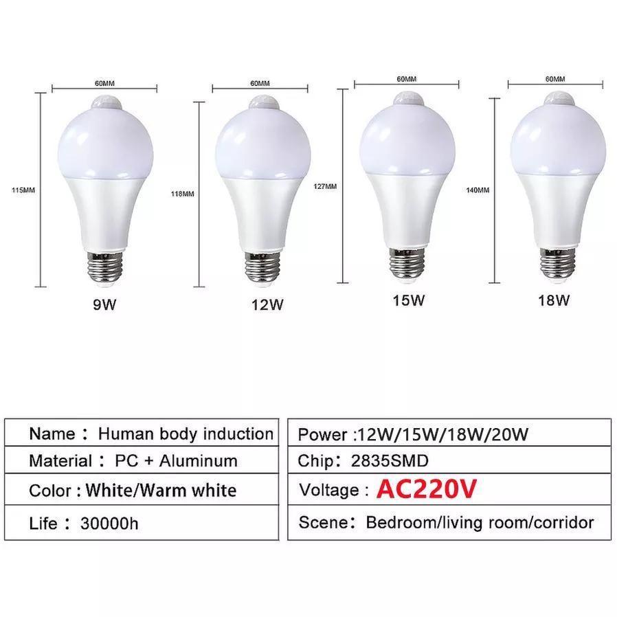 220V E27 PIR Motion Sensor Lamp 12W 15W 18W LED Bulb with Motion Sensor Infrared Radiation Motion Detector Night Lights 1pcs